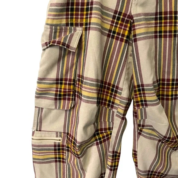 Urban Outfitters Plaid Cargo Pants Beige Yellow Burgundy Women's Size Small - Picture 4 of 8